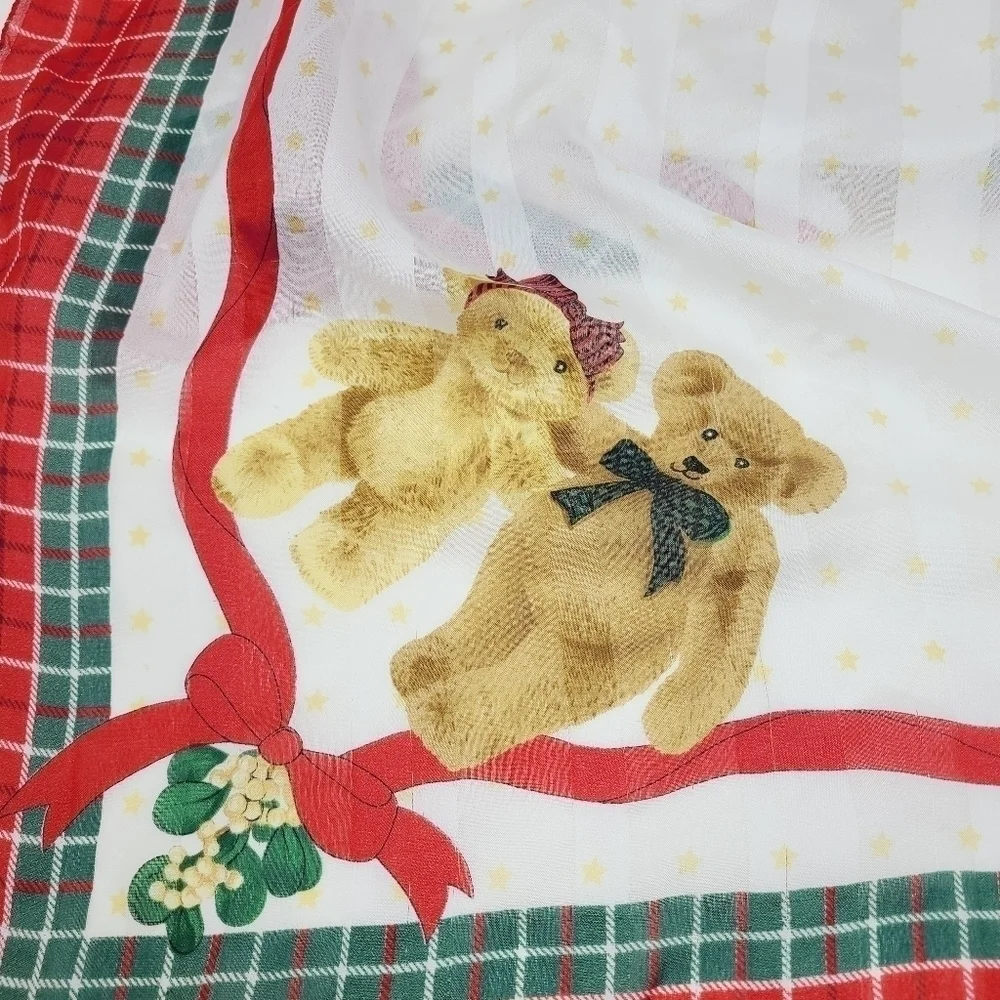 Avon | Vintage White Square Christmas Teddy Themed Scarf/Handkerchief (One Size)